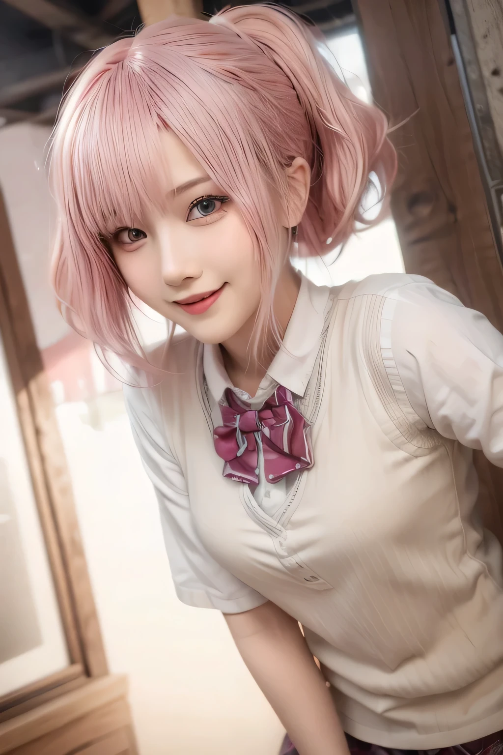 Masterpiece, best quality, CG, wallpaper, HDR, high quality, high-definition, extremely detailed, looking at viewer, smile, cute girl, ultra realistic, ultra detail, 70 mm lens, pink hair