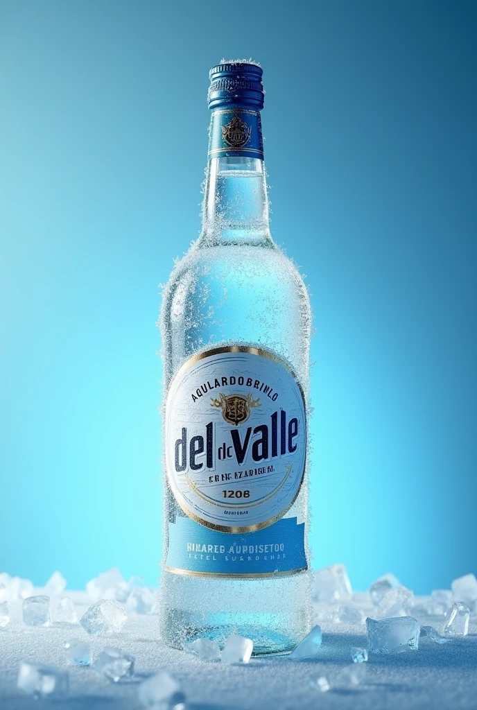 "Generate an image of a bottle of Aguardiente Blanco del Valle Sin Azúcar with a frosty, icy texture. The bottle should be covered in ice particles and frost, as if it was just taken out of the freezer. The label should clearly show the Aguardiente Blanco del Valle Sin Azúcar branding, with its distinctive design and colors. The background should be a cool, gradient blue, highlighting the icy and refreshing appearance of the bottle, with lighting that emphasizes the frost and coldness."