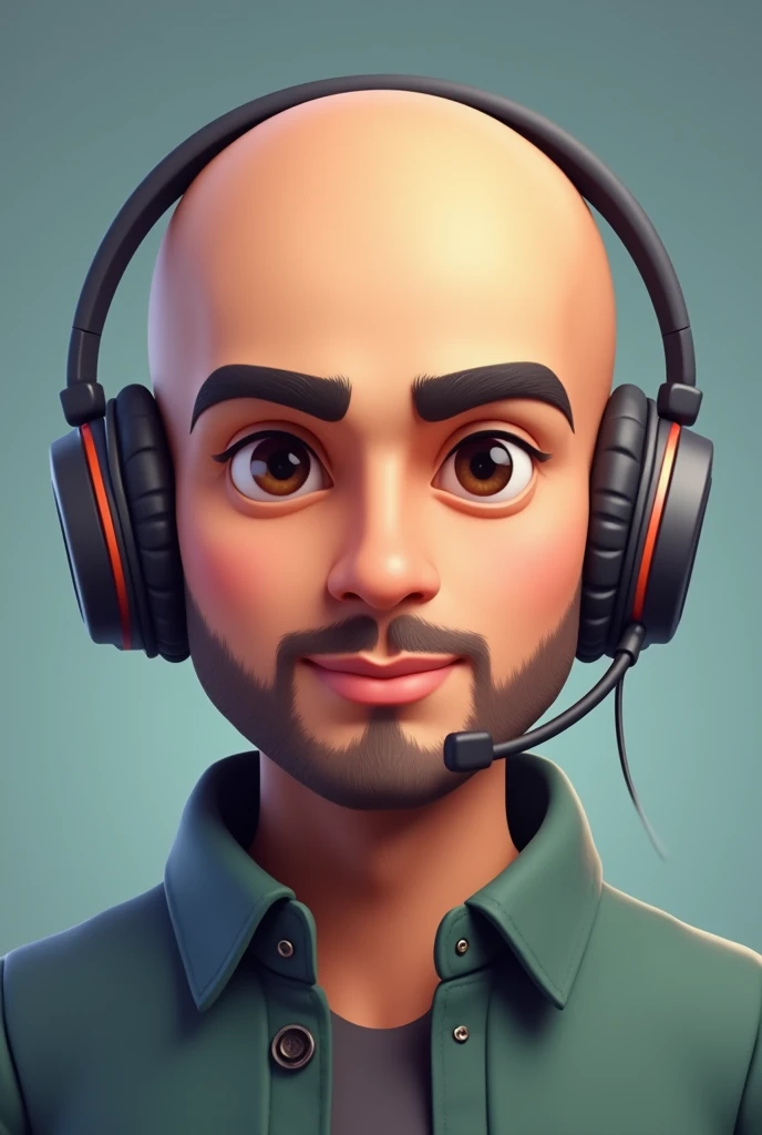 A Pakistani Skin Toned Young man completely bald, small beard and normal mustache, in portrait bitmoji image. wearing moderate size headphone. be a little healthy. and his face should be from facing just like in passport picture