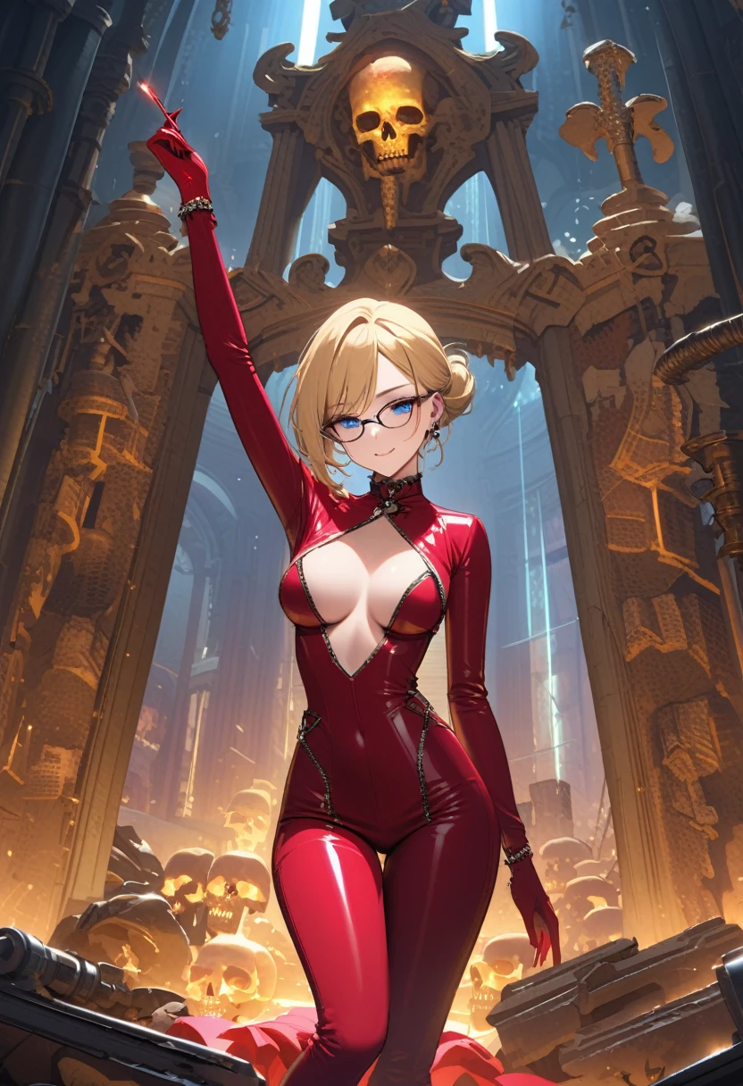 A shot framed by rows of cold, calculating LED lights casts an eerie glow on a lab filled with human bones. A stunning woman, her blonde hair styled neatly, stands amidst the relics in stiletto heels and a provocative outfit - a red pencil suit with a low-cut top and a red miniskirt. Her piercing blue eyes seem to gleam with intelligence and malice behind sharp silver-rimmed glasses. As she smiles at the camera, her beauty and seductive charm are undeniable, even amidst the gruesome experiment's results.
