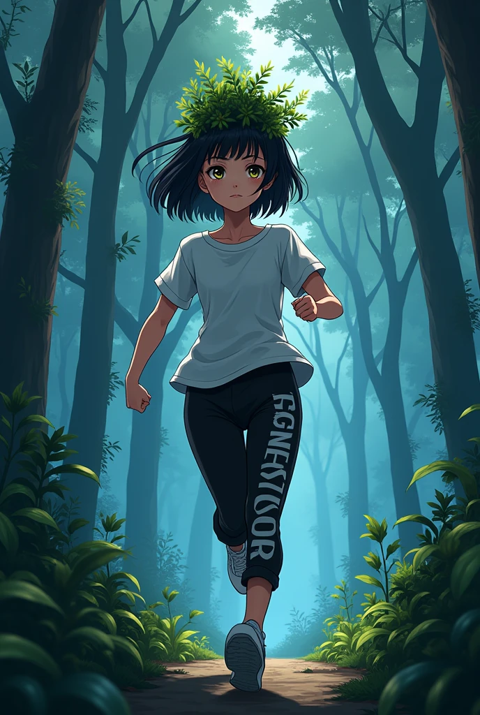 An anime girl with white skin with a plant accessory on her head, short black hair, black and white t-shirt, black pants with white bad letters, running sideways the image in a dark forest