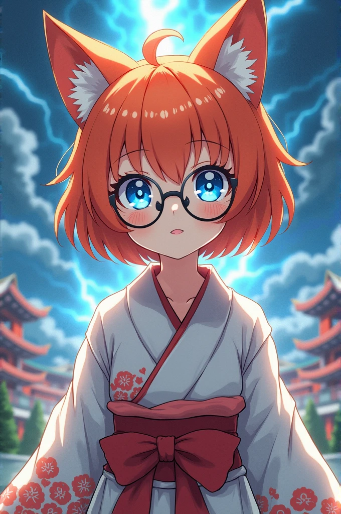 Cute anime girl, orange short hair, wolfcut hair, round glasses, Take-Mikazuchi, God of Thunder, blue eyes, yukata,