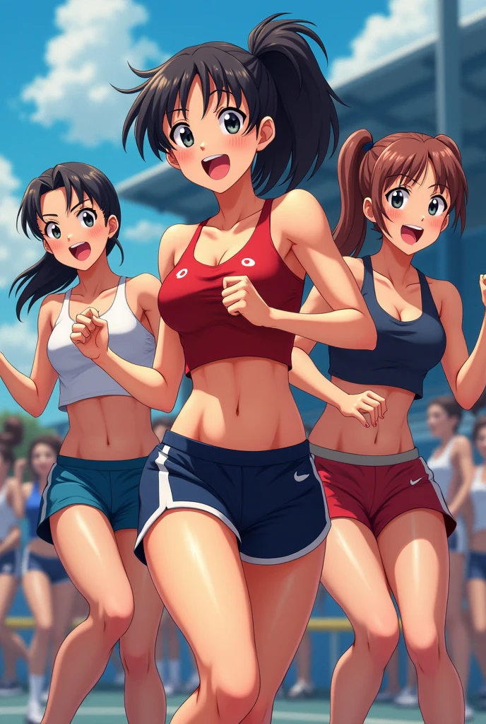 Athletic anime girls with giant bust and excited