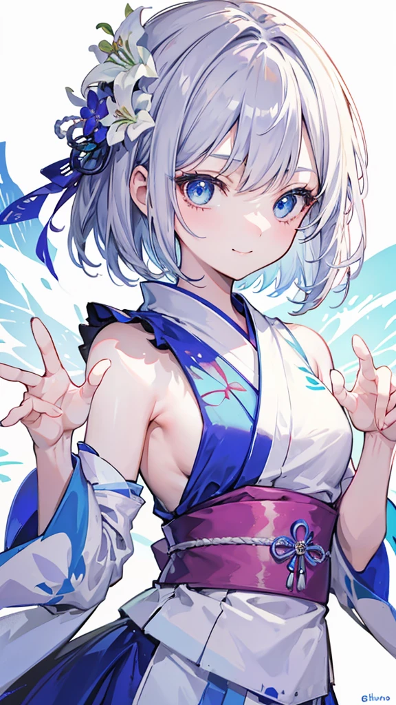 Anime character, half body only, upper body only, half body portrait, posing like a model, good looking, beautiful, full of details, aesthetic, hd, masterpiece art, amazing work. Solo, young lady, short hair, flower accessories, bluish gray colored hair, Lady, blue eyes, smile, elegant look, elegant carrying, white Japanese kimono, blue decoration, Lily flower theme, eyes facing camera, hands outstretched forward, hands asking for a hand , simple background.