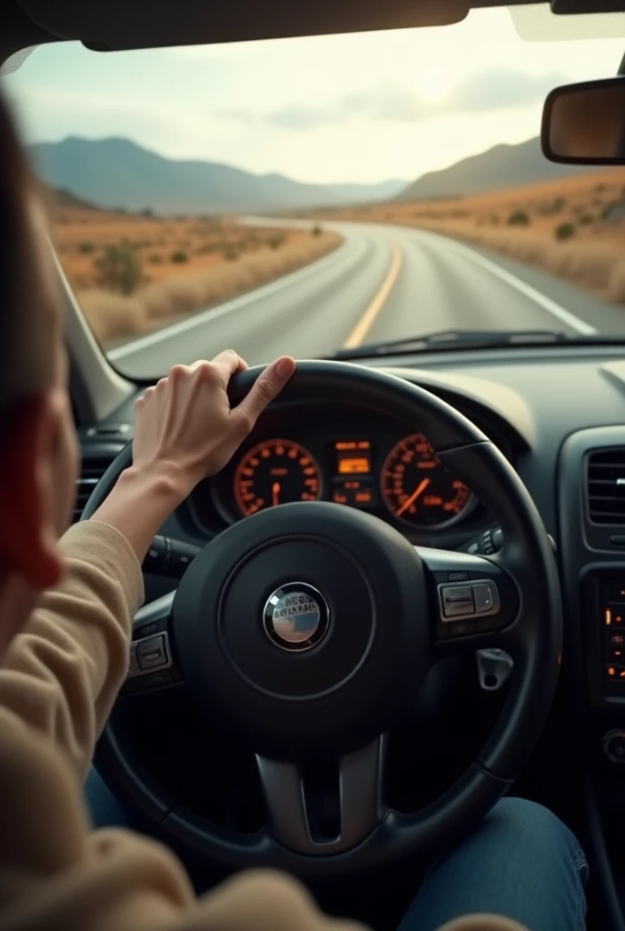 Create an image of a car trip with the person's photo showing only their hand and front part