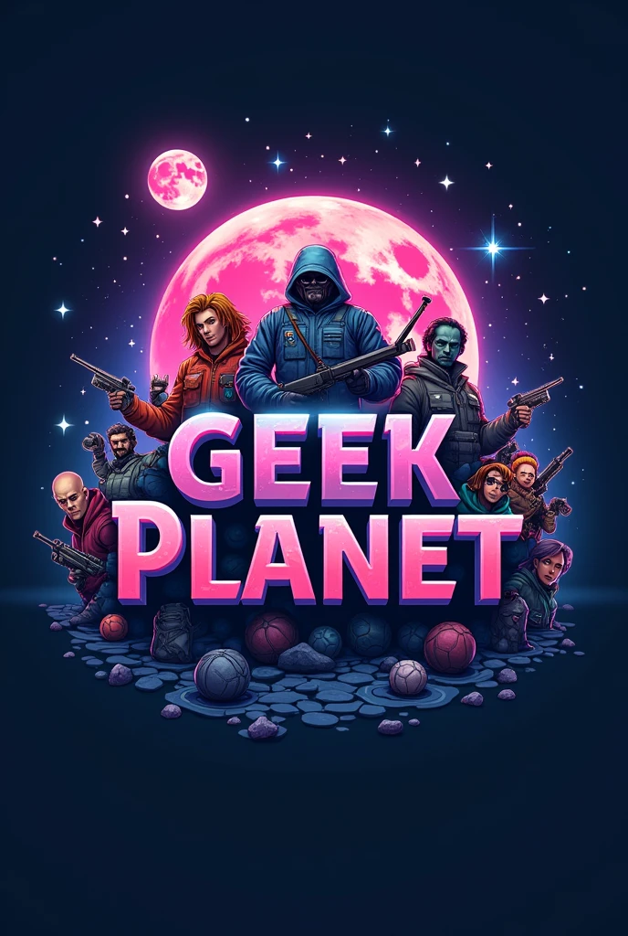 A logo referring to the geek planet with anime figures , of collectible movie and video game characters and original t-shirts, with a moon and star symbol at the top in pink with purple and a world to refer to the name and having the name geek planet in the middle 