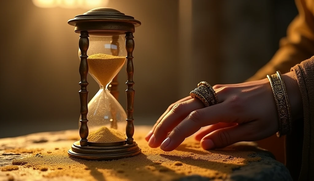 Create a hyper-realistic and mysterious image of an ancient hourglass, where the golden sand is slowly falling. Beside the hourglass, the hand of Solomon, adorned with rings, is about to turn it, symbolizing control over time and the patience needed to achieve prosperity. The background should be softly blurred, with the golden light highlighting the sand and the hand, creating a sense of urgency and mystery around the concept of time in wealth building.
]