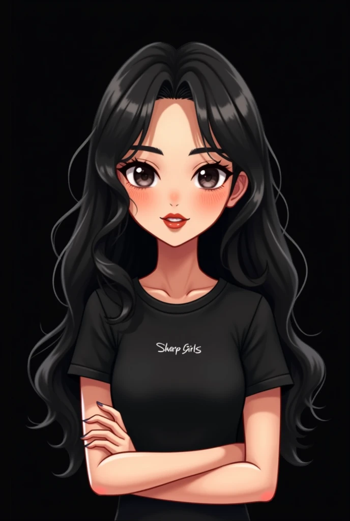 Cute female avatar, with black hair, freckles on the face, plain black sleeve t-shirt, and the name SHARP GIRLS in small on the side of the shirt on the chest, brown mouth, Crossed arms, avatar, black backdrop, cabelo cacheado