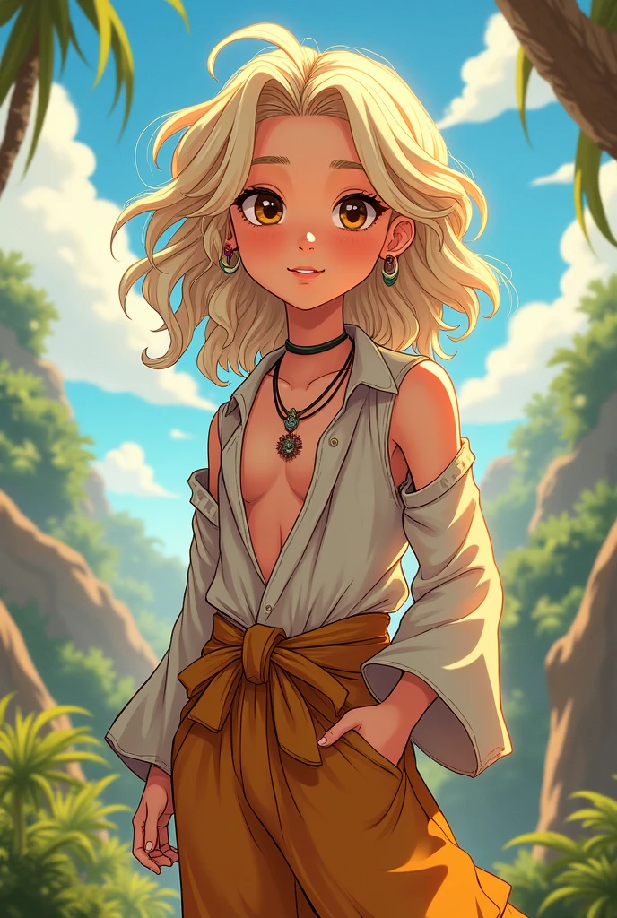 Chico, like , wavy platinum blonde hair, Brown eyes, wears hippie clothes. anime style.