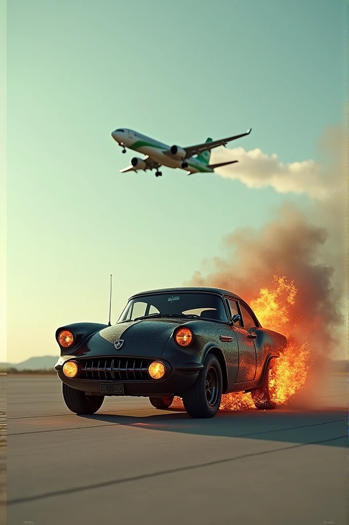 Imagine a dramatic scene: a burning “black car” shaped like a dog is parked on the runway. In the background, a “green and white plane” has just taken off, rising into the sky and leaving a trail of smoke. The image highlights the contrast between the intense fire and the calm of the plane in motion.
