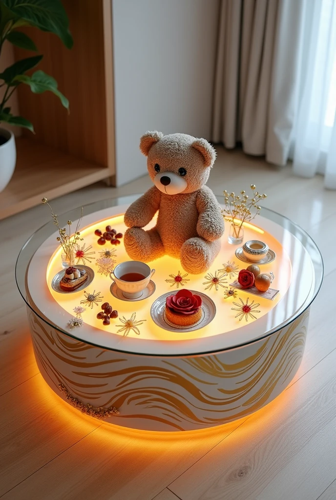 Small square table, perfect for serving coffee, handcrafted with a clear glass top that shows inside the table and inside the table is placed an elegant teddy bear and beautiful accessories, lit from the inside with warm orange LED lighting. The sides are covered in an epoxy layer interspersed with shiny gold stripes, giving a luxurious touch and a look that resembles flowing waves.. Gold stripes extend across the sides to complement the stunning artistic design.. The table is decorated with simple decorations such as golden swags, small flowers, a cake, nuts, a red rose, and a tea cup.. The table is placed on a light-coloured wooden floor, enhancing the contrast between modern design and classic luxury.. The table combines elegance and simplicity, making it a distinctive piece of art in any room or living room.