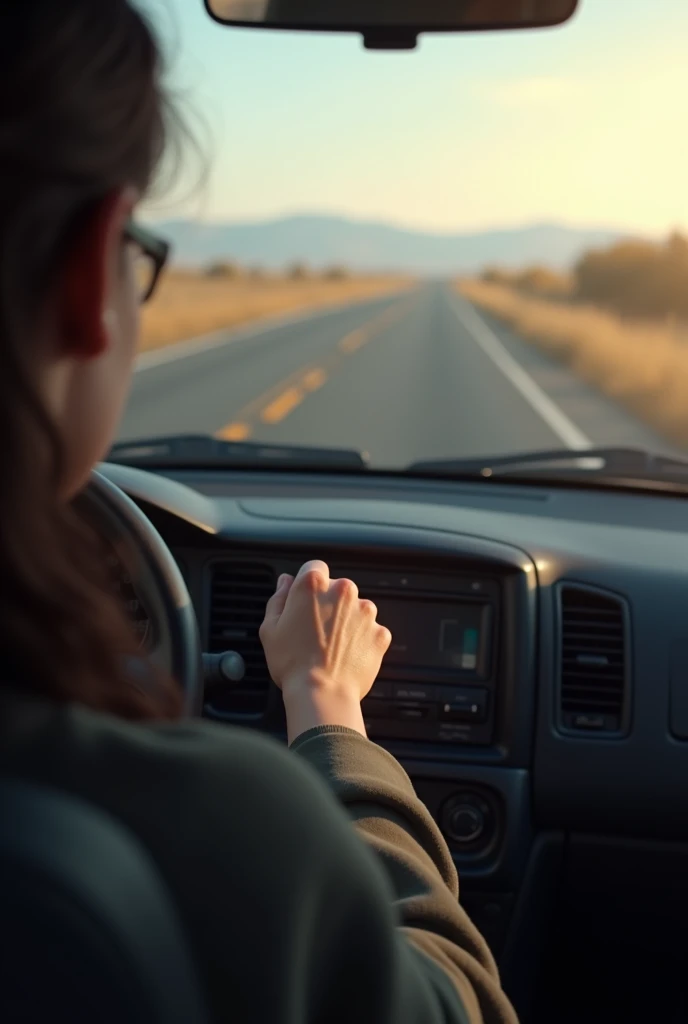 Create an image of a car trip with the person's photo showing only their hand and front part with the person in the back seat