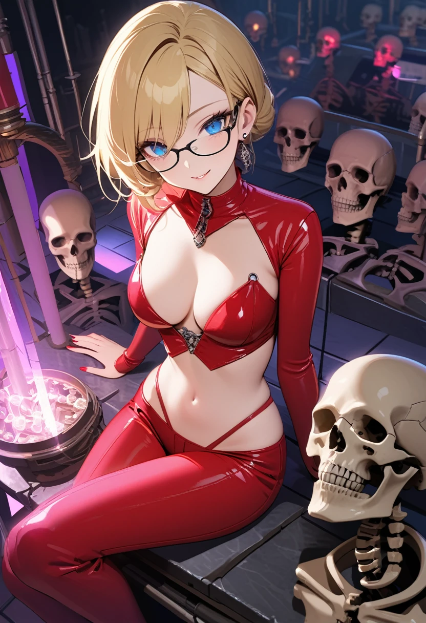 A shot framed by rows of cold, calculating LED lights casts an eerie glow on a lab filled with human bones. A stunning woman, her blonde hair styled neatly, stands amidst the relics in stiletto heels and a provocative outfit - a red pencil suit with a low-cut top and a red miniskirt. Her piercing blue eyes seem to gleam with intelligence and malice behind sharp silver-rimmed glasses. As she smiles at the camera, her beauty and seductive charm are undeniable, even amidst the gruesome experiment's results.
