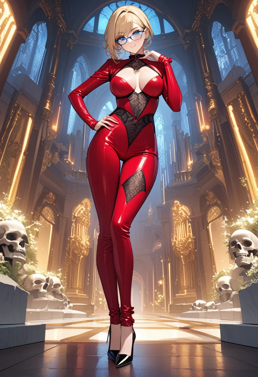 A shot framed by rows of cold, calculating LED lights casts an eerie glow on a lab filled with human bones. A stunning woman, her blonde hair styled neatly, stands amidst the relics in stiletto heels and a provocative outfit - a red pencil suit with a low-cut top and a red miniskirt. Her piercing blue eyes seem to gleam with intelligence and malice behind sharp silver-rimmed glasses. As she smiles at the camera, her beauty and seductive charm are undeniable, even amidst the gruesome experiment's results.