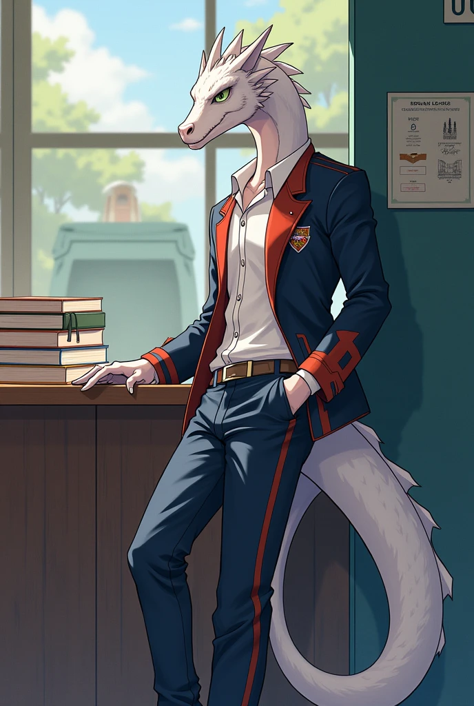   teenage male dragon, white color, more ideal, ,still in high school, become a member of OSIS, wearing OSIS uniform, anime image texture, he is reading a book while standing with one hand, not cute but cool, wear school pants, leaning against the wall, his eyes glanced