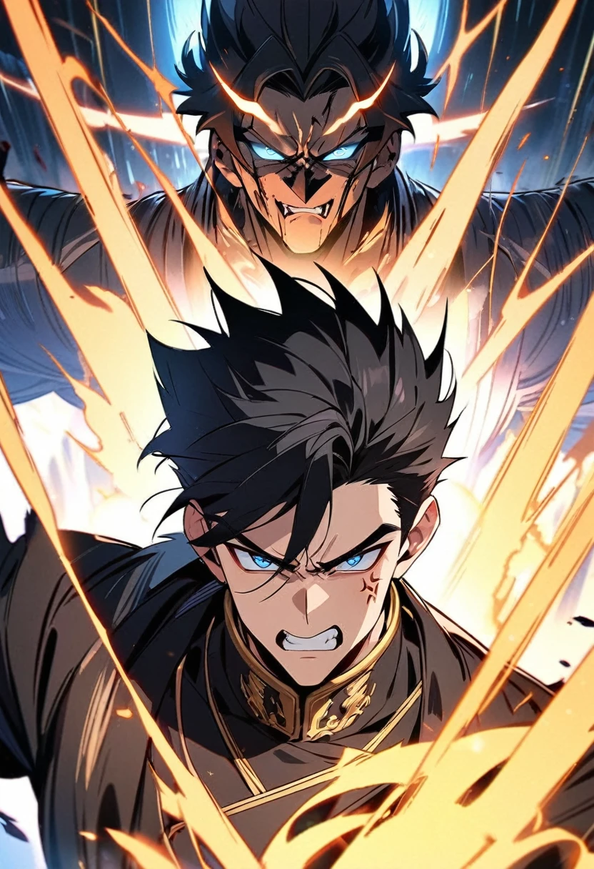 Masterpiece, High quality, Portrait, anime style, man,17 year old boy, angry face, Severe attack, อ้าปากจากAnger, Anger, glowing eyes, ผู้manอนิเมะตัวสูงที่มีตาสีฟ้า, black short hair, ((blue eyes)),Quiff Hairstyles, ((short black hair)), [Thick eyebrows], Palm Power,Chinese martial arts , ((black long coat)), ((all black)),Silver veil edge, (blue eyes) , handsome , Facial expressions, black knight armor , black fur shawl(Masterpiece,best quality,special, (Broad shoulders)) (muscle), Set up an attack, attack, There is an injury. , The background is a battlefield. , black light, Yellow flame,The giant golden Buddha statue is behind.((backdrop)), Eighteen Conquering Dragon Palms, Palm attack ,