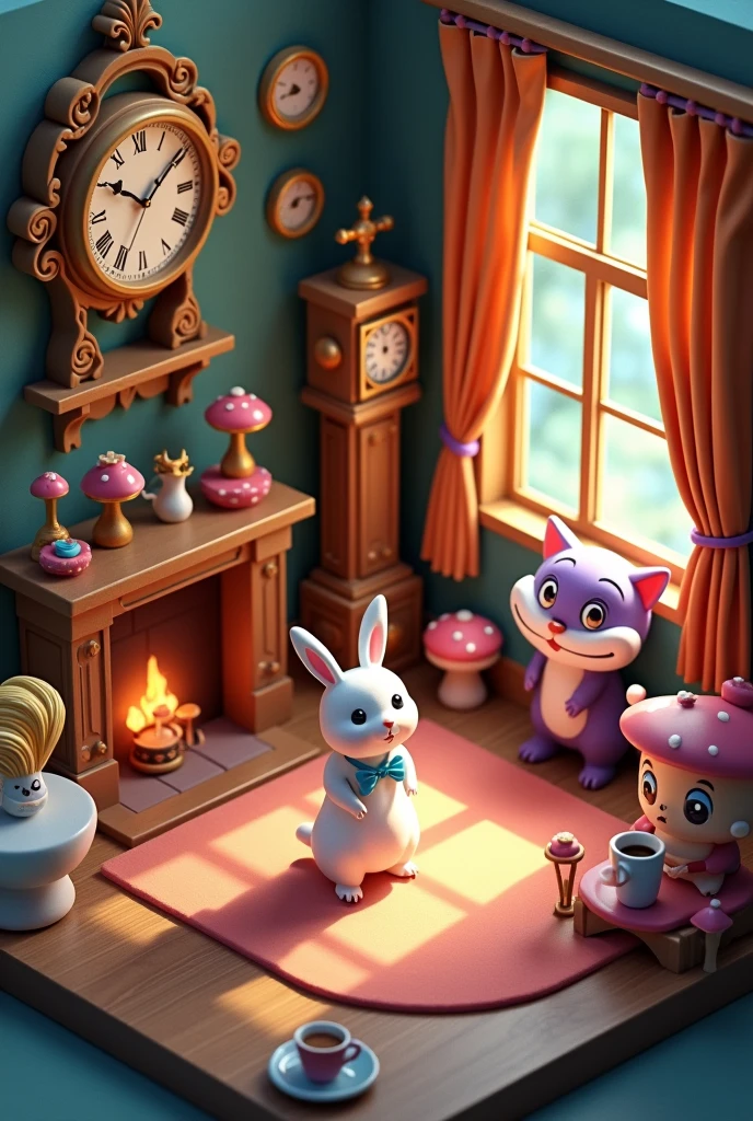 Generate an isometric rendering of a room featuring objects from Disney's "Alice in Wonderland." Ensure the representation is cute and easily recognizable. Create a cozy ambiance through the lighting, and make the compositing strong and impactful, reflecting the whimsical nature of the Disney film.