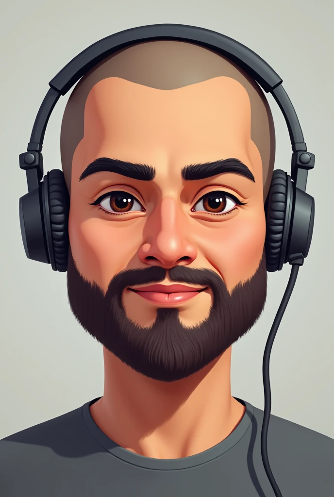 A Pakistani Skin Toned Young man completely bald, small beard and normal mustache, in portrait bitmoji image. wearing moderate size headphone. be a little healthy. and his face should be from facing just like in passport picture. eyes should not be that much opened.