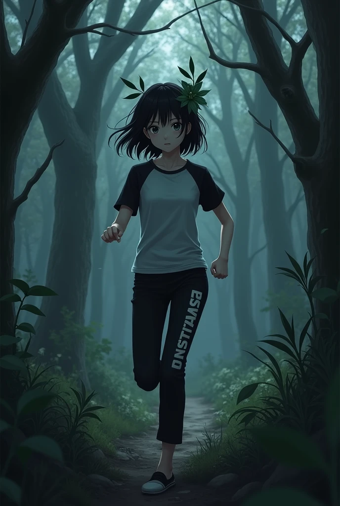 An anime woman with white skin with a plant accessory on her head, short black hair, black and white t-shirt, black pants with white bad letters, running sideways the image in a dark forest, who finds a damaged house