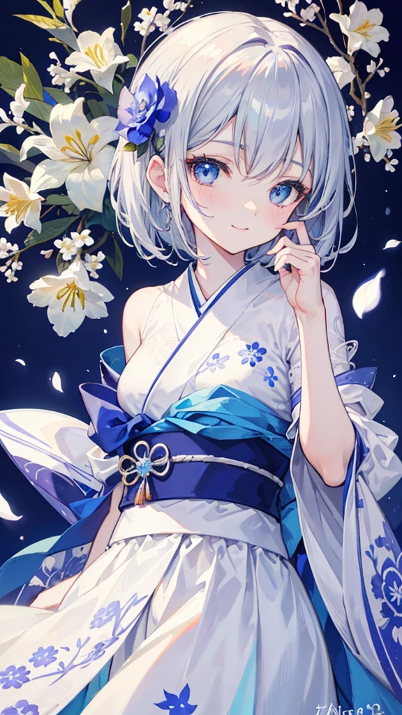 Anime character, half body only, upper body only, half body portrait, posing like a model, good looking, beautiful, full of details, aesthetic, hd, masterpiece art, amazing work. Solo, young lady, short hair, flower accessories, bluish gray colored hair, Lady, blue eyes, smile, elegant look, elegant carrying, white Japanese kimono, blue decoration, Lily flower theme, eyes facing camera, simple background.