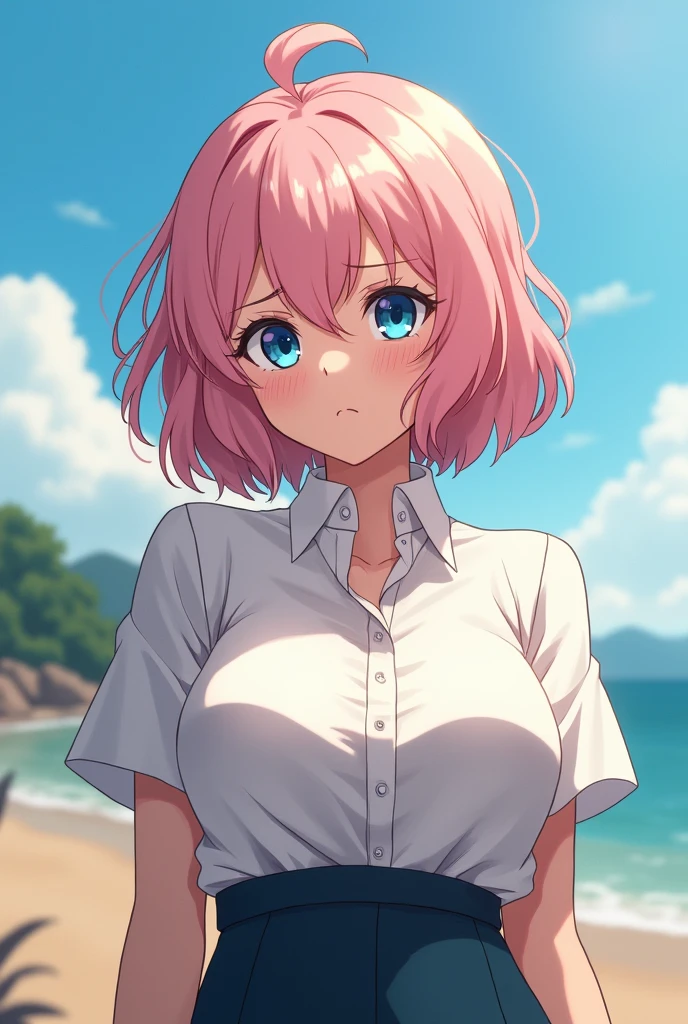 Draw a girl in the style of My Hero Academy, she has short wavy light pink hair, with sad blue eyes, and has a big chest