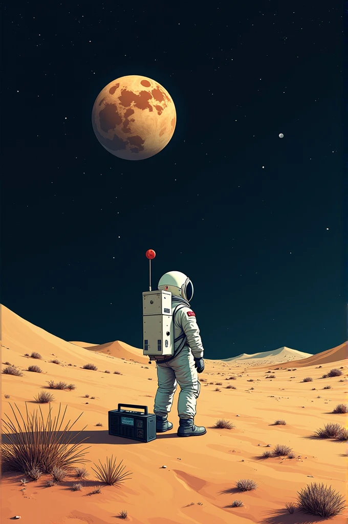 I want an image that looks like a non-realistic drawing of a lonely astronaut with a radio next to him in space and next to him a planet that is a desert and far away from him a dark moon