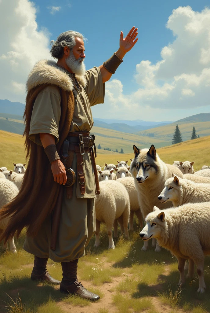 Create an image about a shepherd who is voting a wolf out of his sheep 