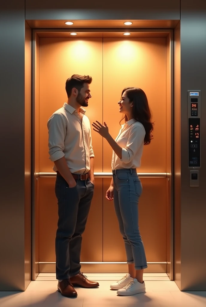 In an elevator of the company ORBIT Ascensores, There is a couple chatting happily