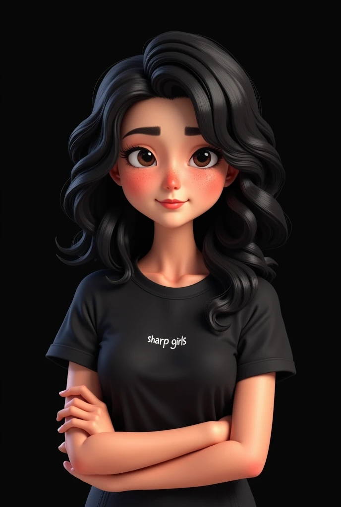 Cute female avatar, with black hair, freckles on the face, plain black sleeve t-shirt, and the name SHARP GIRLS in small on the side of the shirt on the chest, brown mouth, Crossed arms, avatar, black backdrop, cabelo cacheado 3c, bem cacheado
