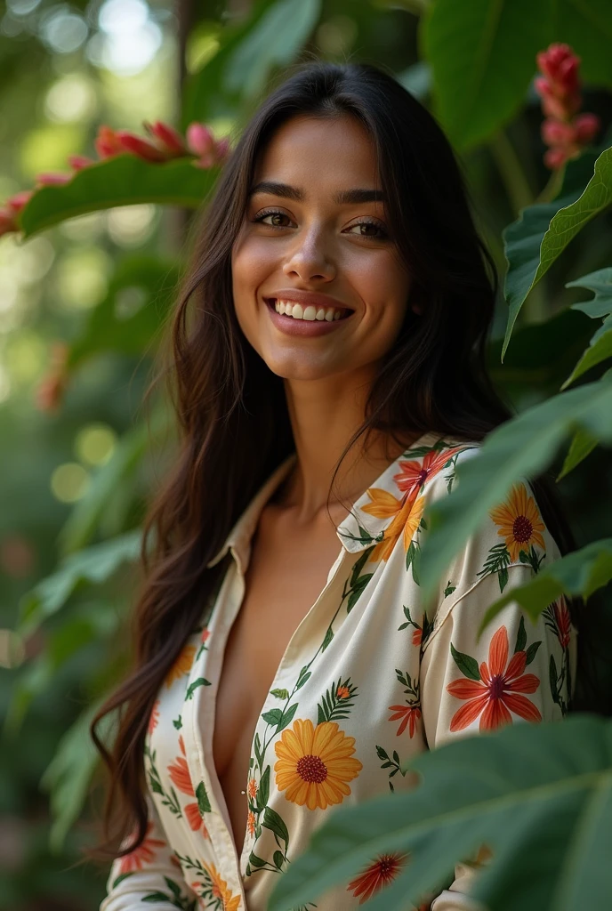 A Brazilian woman in a lush tropical garden, wearing an open shirt with a floral print, with a close-up capturing the harmonious beauty between her breasts and the natural flowers, showing off your natural charm and outgoing personality.