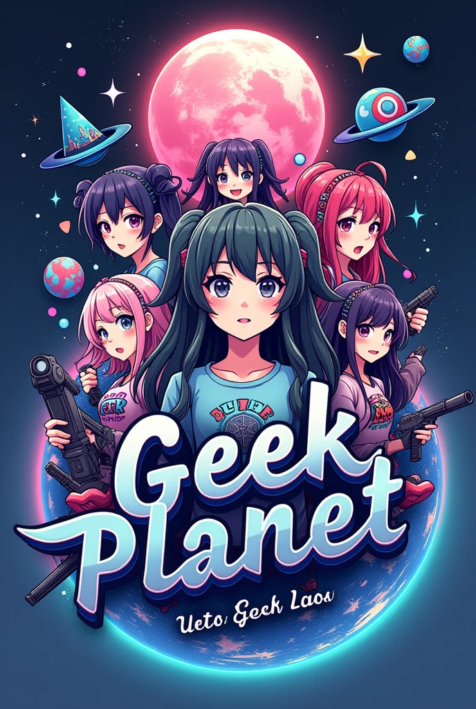 A logo referring to the geek planet with anime figures and original t-shirts, with a moon and star symbol at the top in pink with purple and a world to refer to the name and having the name geek planet in the middle 