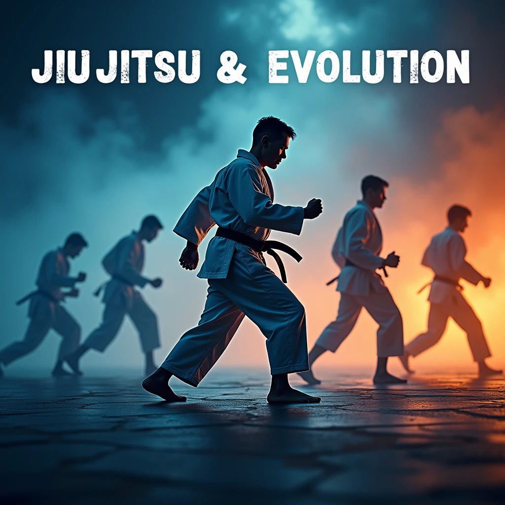 Create an inspiring image for the checkout section of the 'Jiu Jitsu Evolution Program'. The image must feature a jiu-jitsu fighter in a traditional kimono, showing determination and focus while training. Ao fundo, include an evolution track, as a series of silhouettes of fighters in different positions and skill levels, symbolizing progress from beginner to advanced. Use a color palette that conveys energy and motivation, like vibrant shades of blue and orange. The space must be clean, allowing the callout text to stand out clearly, encouraging purchase completion.