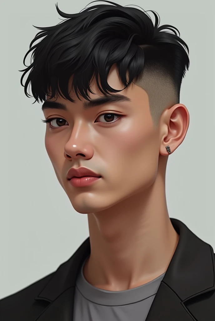 Make a male person with an oval face type with medium defined features with a fringe haircut + taper fade