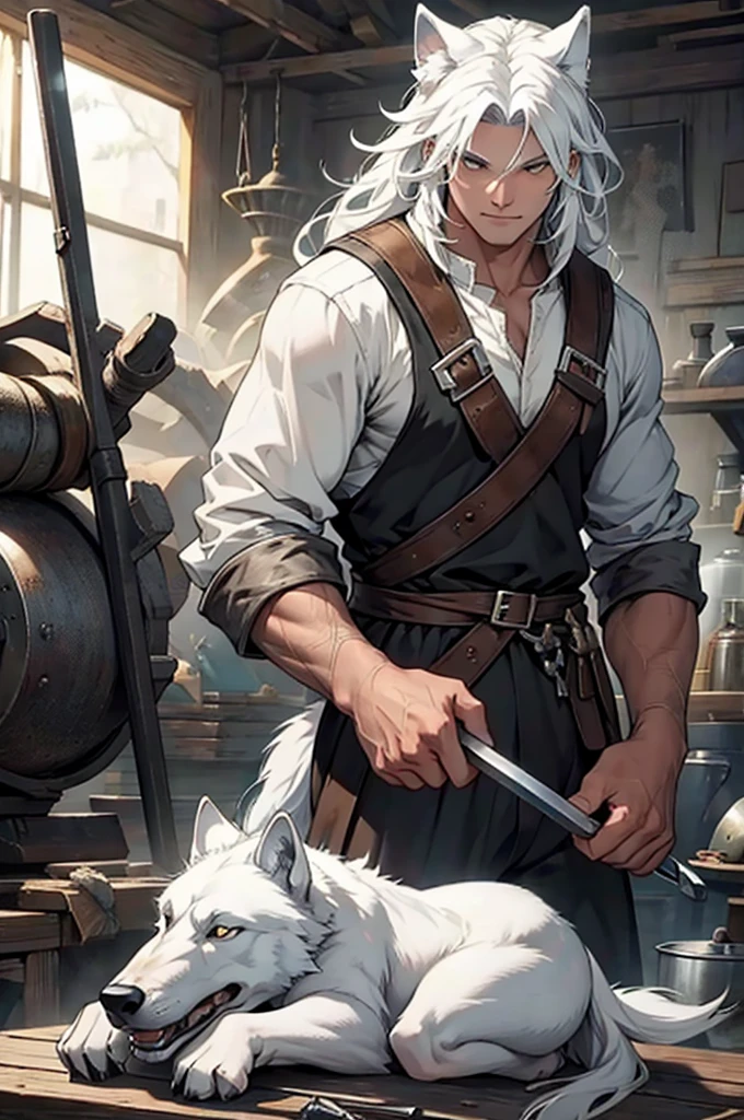 a white wolf man with legendary blacksmith class