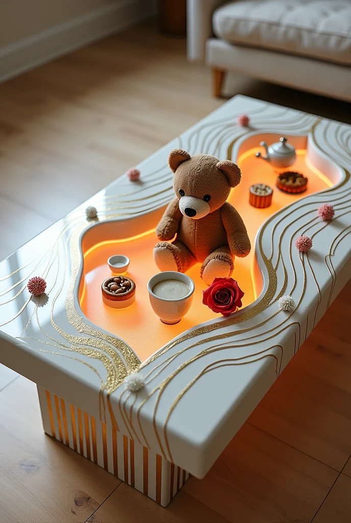 Small square table, perfect for serving coffee, handcrafted with a clear glass top that shows inside the table and inside the table is placed an elegant teddy bear and beautiful accessories, lit from the inside with warm orange LED lighting. The sides are covered in an epoxy layer interspersed with shiny gold stripes, giving a luxurious touch and a look that resembles flowing waves.. Gold stripes extend across the sides to complement the stunning artistic design.. The table is decorated with simple decorations such as golden swags, small flowers, a cake, nuts, a red rose, and a tea cup.. The table is placed on a light-coloured wooden floor, enhancing the contrast between modern design and classic luxury.. The table combines elegance and simplicity, making it a distinctive piece of art in any room or living room.