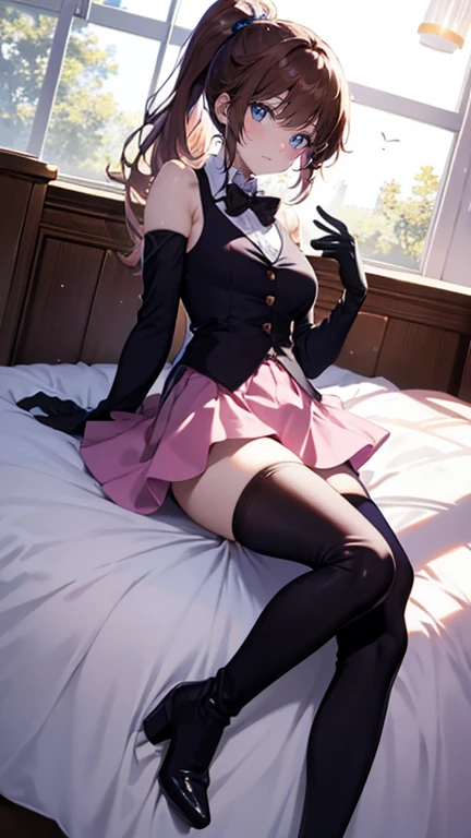 (full body),Tabletop, highest quality,Lie on your back in bed，Show me your boots，Thigh-high boots，Black Stockings，Black gloves，Strange thief，elegant, One Girl, Muscular，cute, Blushed, View Viewer, From below,Pink mini skirt, prison，blue eyes, Beautiful Eyes, Beautiful background, Light Particles, Light of the sun, Dramatic lighting, outside, Shiny, Realistic, Tabletop, highest quality, 超detailed, detailed, scenery, Beautiful fine details, Fine hair, ahegao 