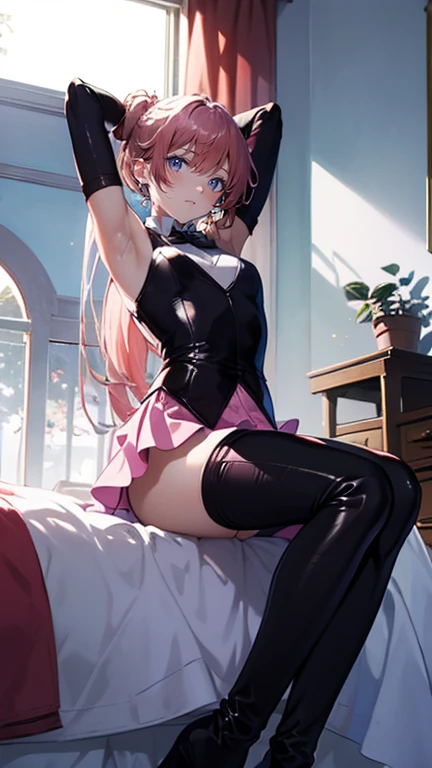 (full body),Tabletop, highest quality,Lie on your back in bed，Show me your boots，Thigh-high boots，Black Stockings，Black gloves，Strange thief，elegant, One Girl, Muscular，cute, Blushed, View Viewer, From below,Pink mini skirt, prison，blue eyes, Beautiful Eyes, Beautiful background, Light Particles, Light of the sun, Dramatic lighting, outside, Shiny, Realistic, Tabletop, highest quality, 超detailed, detailed, scenery, Beautiful fine details, Fine hair, ahegao 