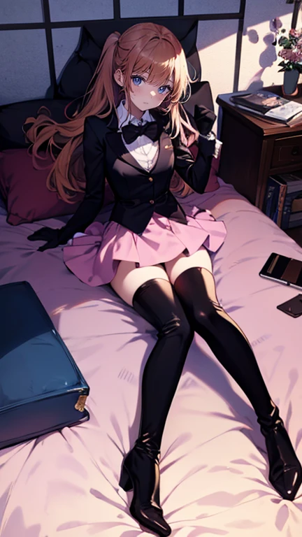 (full body),Tabletop, highest quality,Lie on your back in bed，Show me your boots，Thigh-high boots，Black Stockings，Black gloves，Strange thief，elegant, One Girl, Muscular，cute, Blushed, View Viewer, From below,Pink mini skirt, prison，blue eyes, Beautiful Eyes, Beautiful background, Light Particles, Light of the sun, Dramatic lighting, outside, Shiny, Realistic, Tabletop, highest quality, 超detailed, detailed, scenery, Beautiful fine details, Fine hair, ahegao 