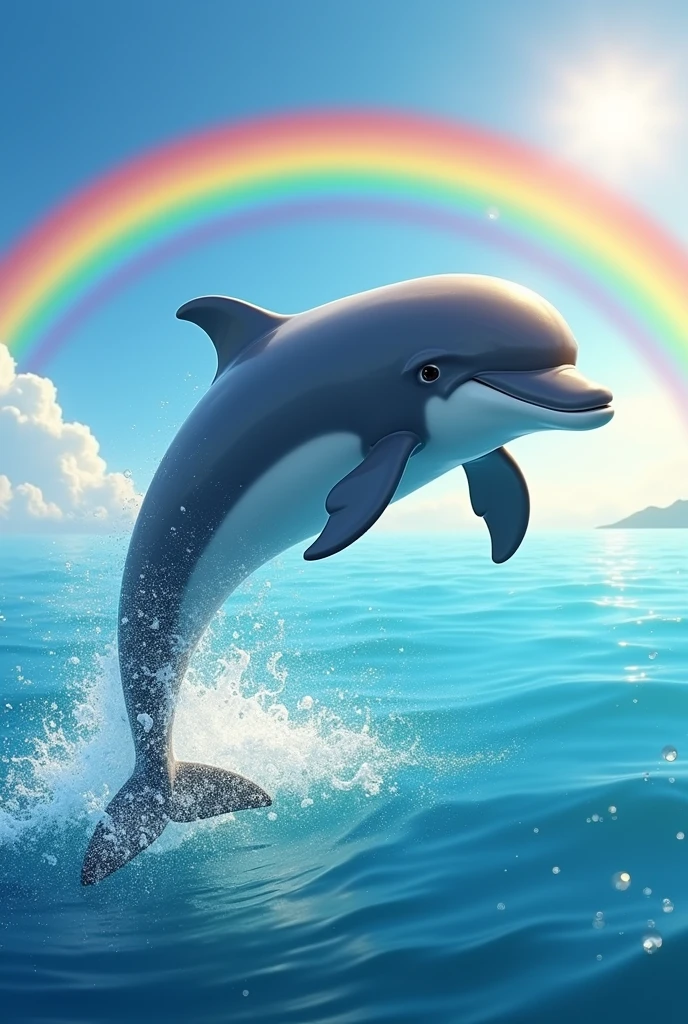 A dolphin jumping out of the sea smiling with a rainbow