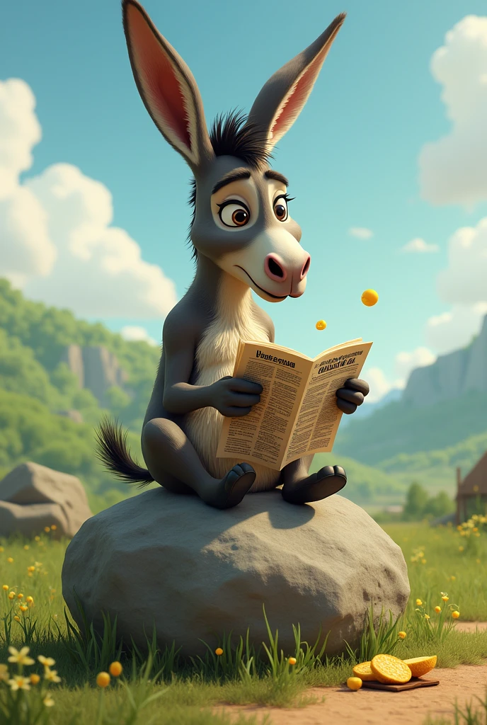 A donkey sitting on a rock eating a cachapa while reading a news story about cockroaches