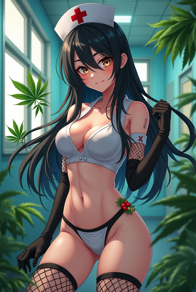 score_9, score_8_up, score_7_up, score_6_up, score_5_up, score_4_up, source_anime, best quality, 1girl, solo, black hair, makeup, lipstick, hud_mj_nrse, marijuana, weed, nurse, crop top, short sleeves, nurse cap, cleavage, elbow gloves, fishnet thighhighs, garter straps, panties, choker, looking at viewer, light smile, hospital,