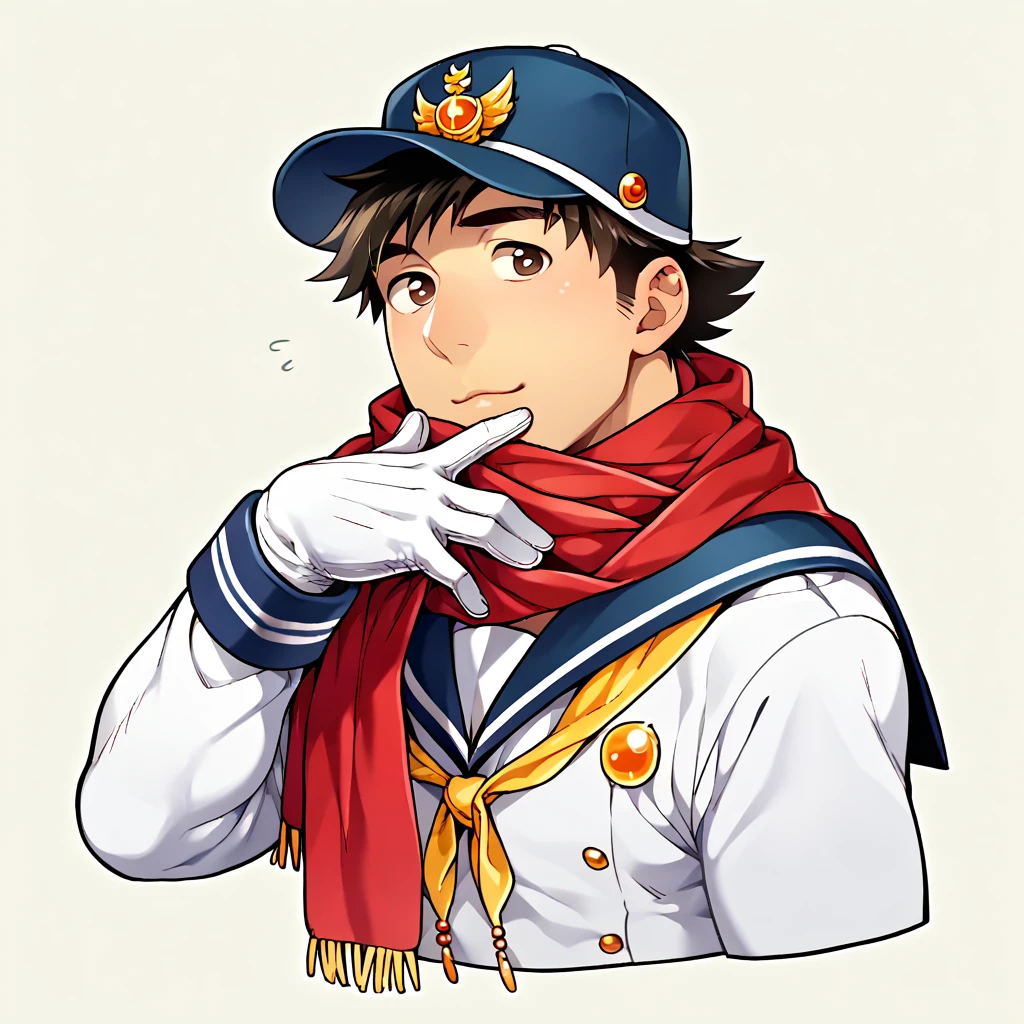 score_9, score_8_up, score_7_up, rating_explicit, source_anime, man, glove, sailor uniform, scarf, roundy doe eyes, cap, jewelry, male only