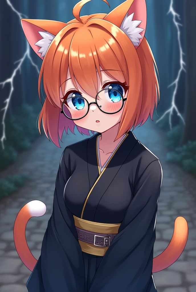 Cute anime girl, orange short hair, wolfcut hair, round glasses, Take-Mikazuchi, God of Thunder, blue eyes, black yukata, , playful, cat girl, goth