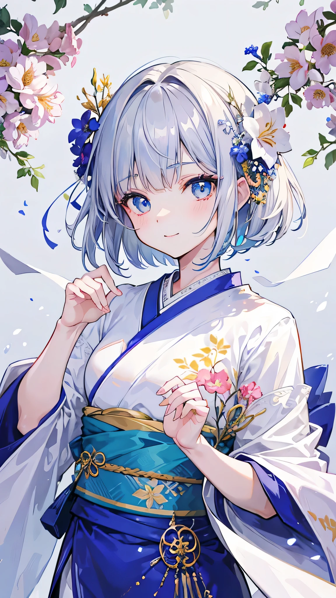Anime character, half body only, upper body only, half body portrait, posing like a model, good looking, beautiful, full of details, aesthetic, hd, masterpiece art, amazing work. Solo, young lady, short hair, flower accessories, bluish gray colored hair, Lady, blue eyes, smile, elegant look, elegant carrying, white Japanese kimono, blue decoration, Lily flower theme, eyes facing camera, hands outstretched forward, hands asking for a hand , simple background.