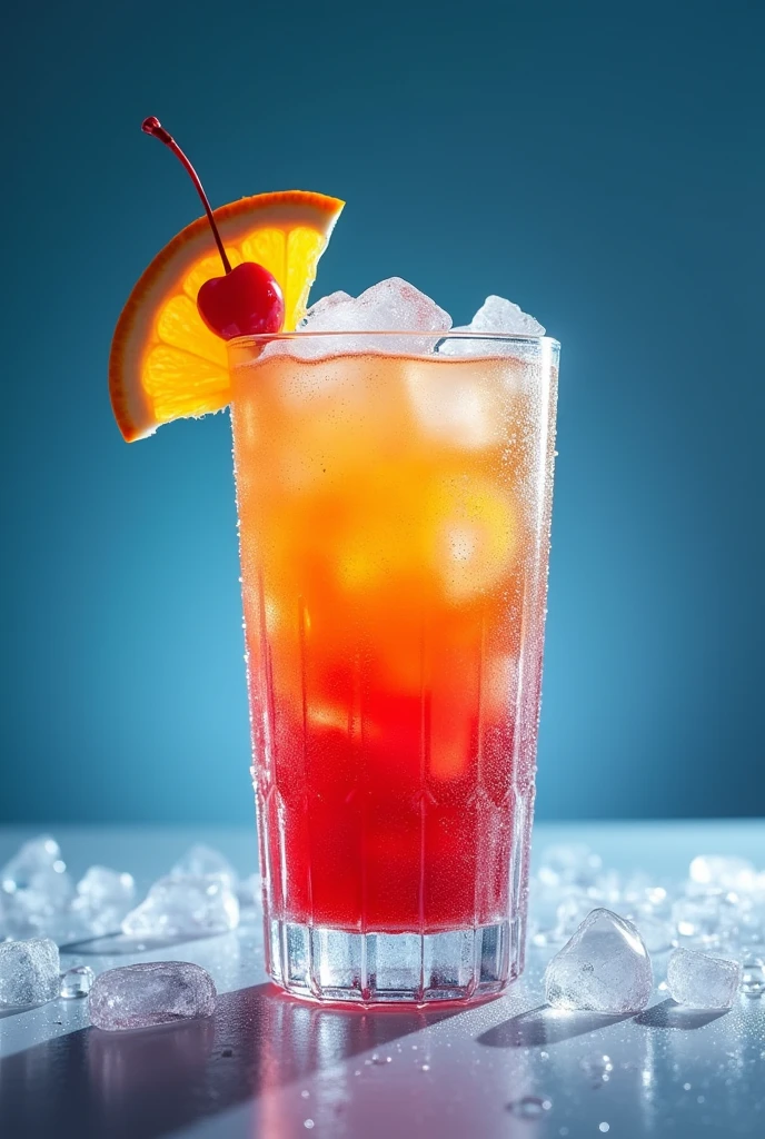 "Generate an image of a Tequila Sunrise cocktail in a clear glass, with a frosty, icy texture. The glass should be covered in ice particles, and the drink should have a gradient of vibrant orange and red colors. The cocktail should be garnished with an orange slice and a cherry. The background should be a cool, gradient blue, highlighting the icy and refreshing appearance of the drink, with lighting that emphasizes the frost and coldness of the glass."