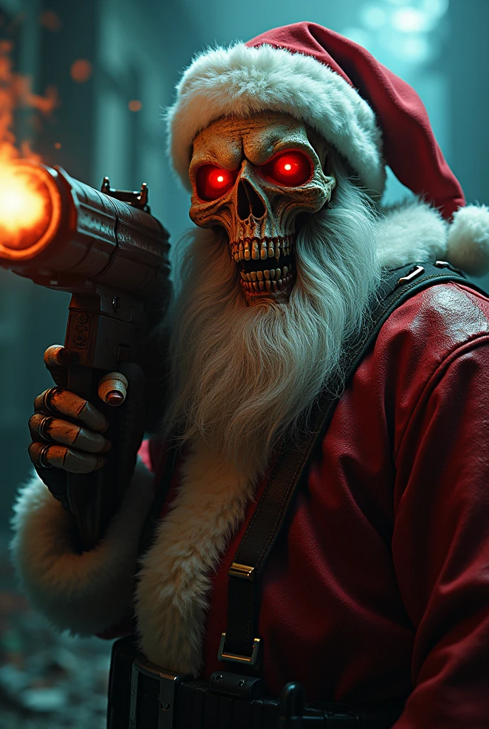 (evil Santa Claus, firearms, homemade flamethrower, portraits, dark color tones, dramatic lighting, best quality, ultra-detailed, horror, vivid colors, red eyes, menacing look, evil, eerie, killer), a creepy looking creature with its mouth open, Artstation contest winner, morbius, devouring the human soul, extreme detailed face, reminded me of the grim reaper