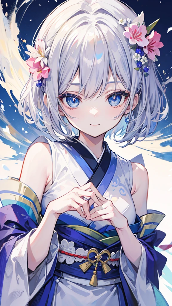 Anime character, half body only, upper body only, half body portrait, posing like a model, good looking, beautiful, full of details, aesthetic, hd, masterpiece art, amazing work. Solo, young lady, short hair, flower accessories, bluish gray colored hair, Lady, blue eyes, smile, elegant look, elegant carrying, white Japanese kimono, blue decoration, Lily flower theme, eyes facing camera, hands outstretched forward, hands asking for a hand , simple background.