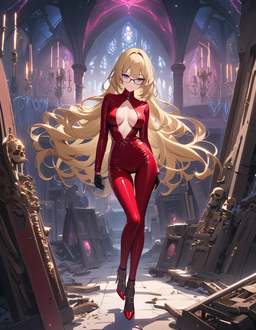 A shot framed by rows of cold, calculating LED lights casts an eerie glow on a lab filled with human bones. A stunning woman, her blonde hair styled neatly, stands amidst the relics in stiletto heels and a provocative outfit - a red pencil suit with a low-cut top and a red miniskirt. Her piercing blue eyes seem to gleam with intelligence and malice behind sharp silver-rimmed glasses. As she smiles at the camera, her beauty and seductive charm are undeniable, even amidst the gruesome experiment's results.
