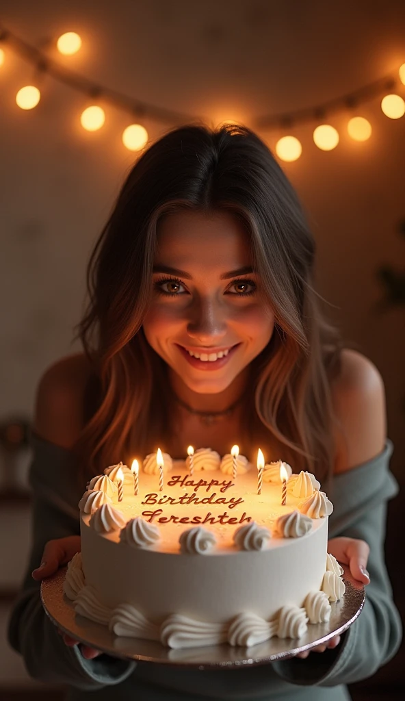 In a hyper-realistic scene, a beautiful woman leans forward slightly, her eyes warm and inviting as she presents a meticulously decorated birthday cake. The cake, adorned with lifelike details, features the words "Happy Birthday Fereshteh" in flawlessly piped, high-quality icing. Behind her, a Glow Party Ribbon Banner stretches across the room, the words "Happy Birthday" glowing softly against a richly textured wall. The setting is a cozy yet luxurious living room, where every detail—from the plush, high-end furniture to the subtle lighting—feels tangible and real, creating an intimate and celebratory atmosphere.

