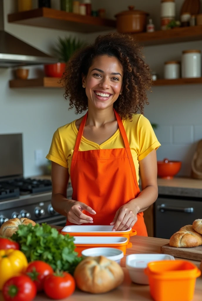 A Brazilian woman in her tidy kitchen, smiling, making her lunch boxes and soups, happy because she is selling a lot in her profitable kitchen. 